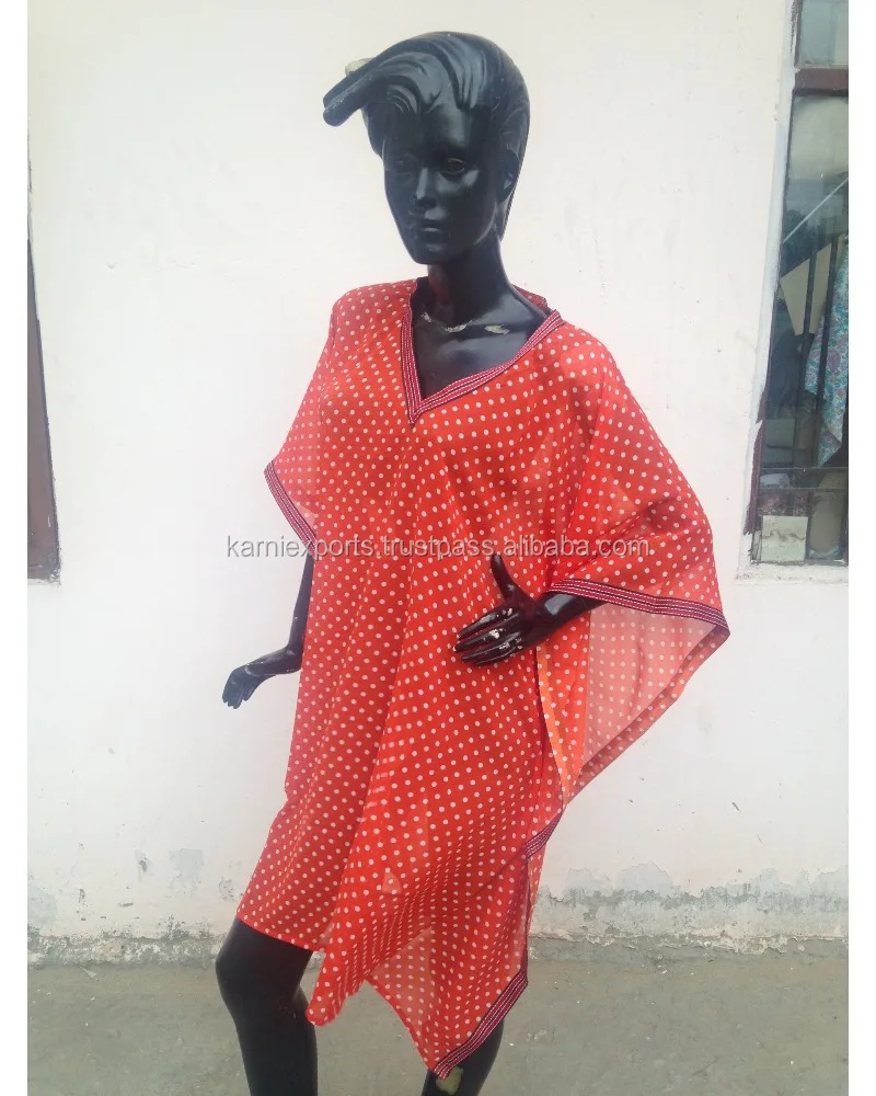 India Jaipur Karni 100% chiffon fabric polka dot orange color v neck latest color fancy kaftan dress for girls