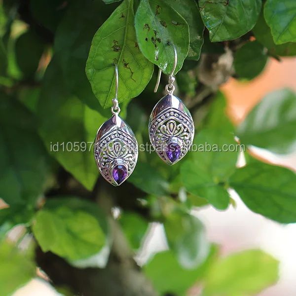 
Amethyst Bali 925 Sterling Silver Engraved Earring 