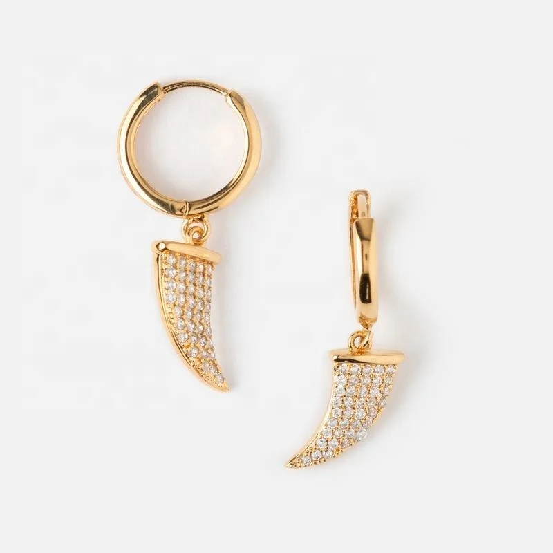 925 Sterling Silver Findings Statement Crystal CZ Horn Tusk Dangling Gold Earring