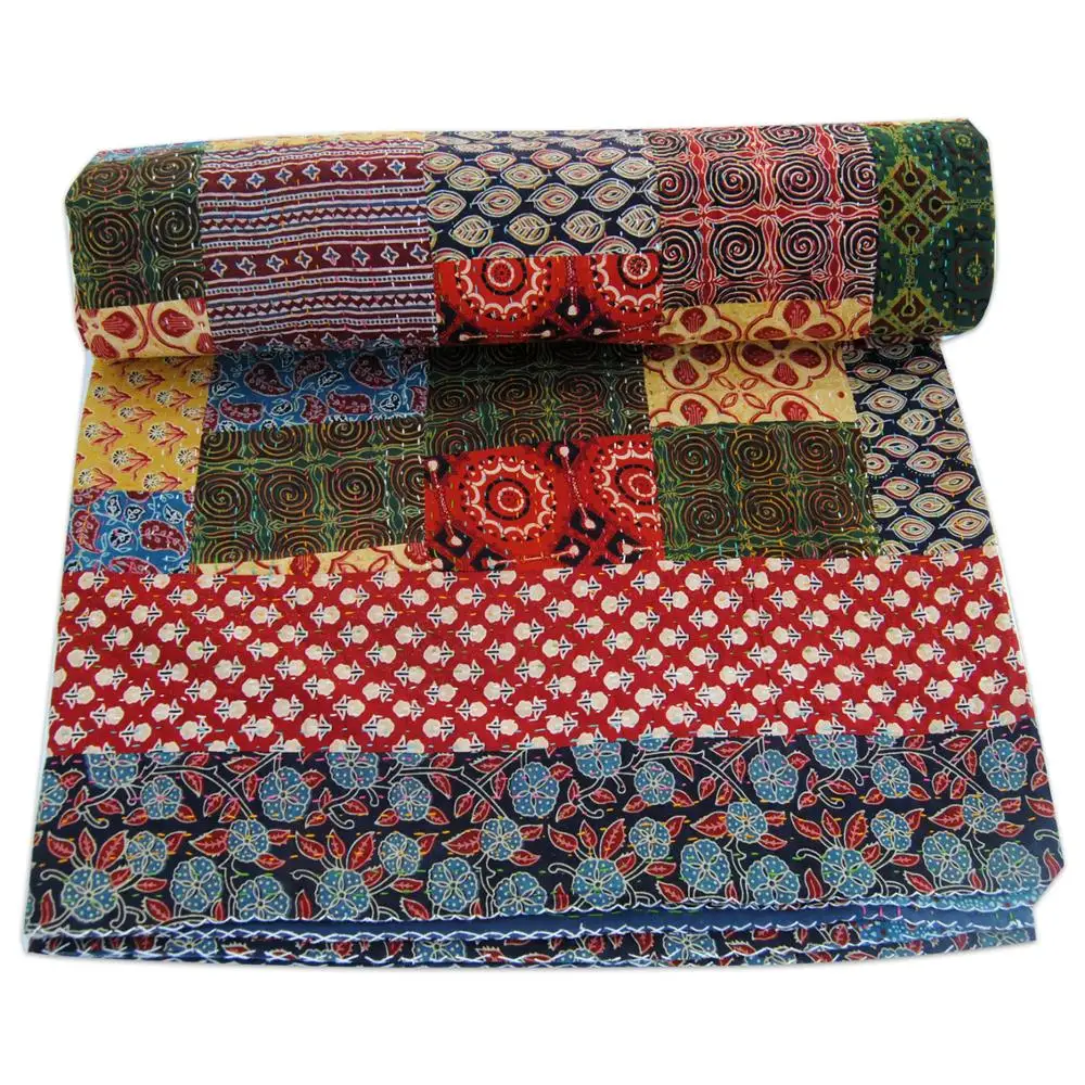 Patchwork Quilt Hand Block Print Kantha Cotton Multi Color Gidari Indian New Print Durable Light Weight Bedspread Wholesale
