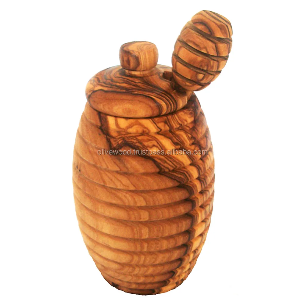 
Tunisian Olive wood honey pot Jar with Wooden Honey Dipper spoon 