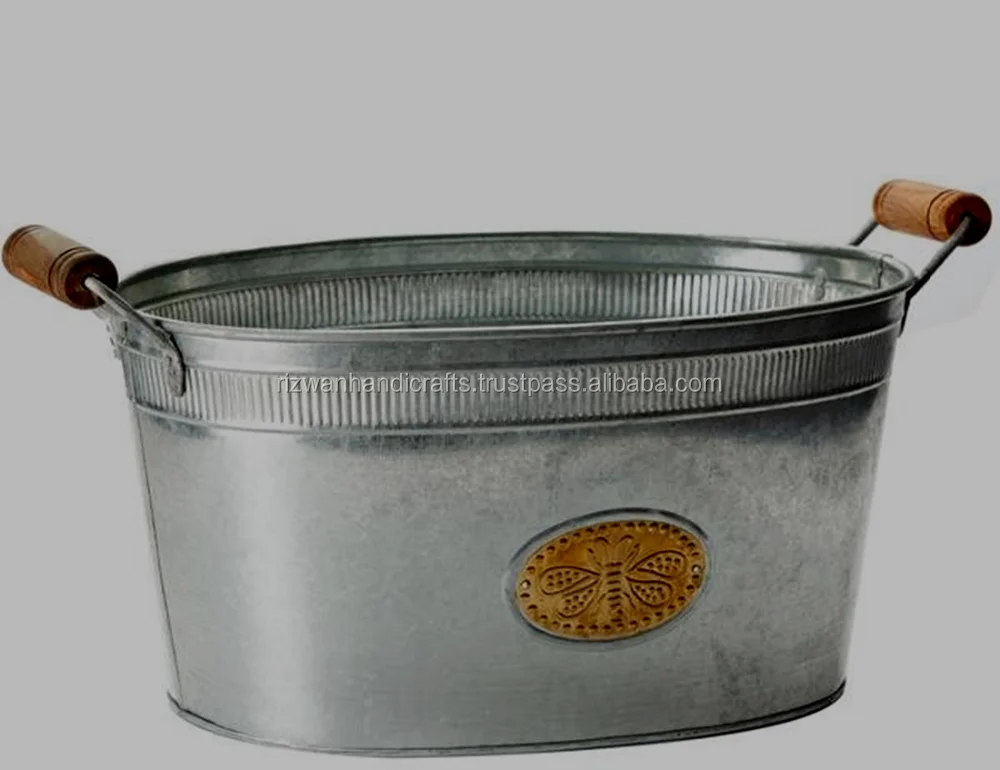 Galvanized Ice Bucket, Champagne Bucket with wooden Handle.
