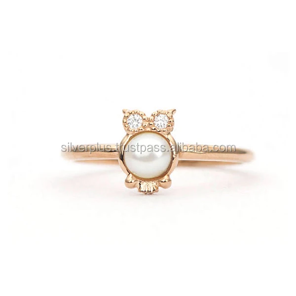 14K Solid Yellow Gold Pearl Gemstone Pave Diamond Vintage owl Ring Manufacturer