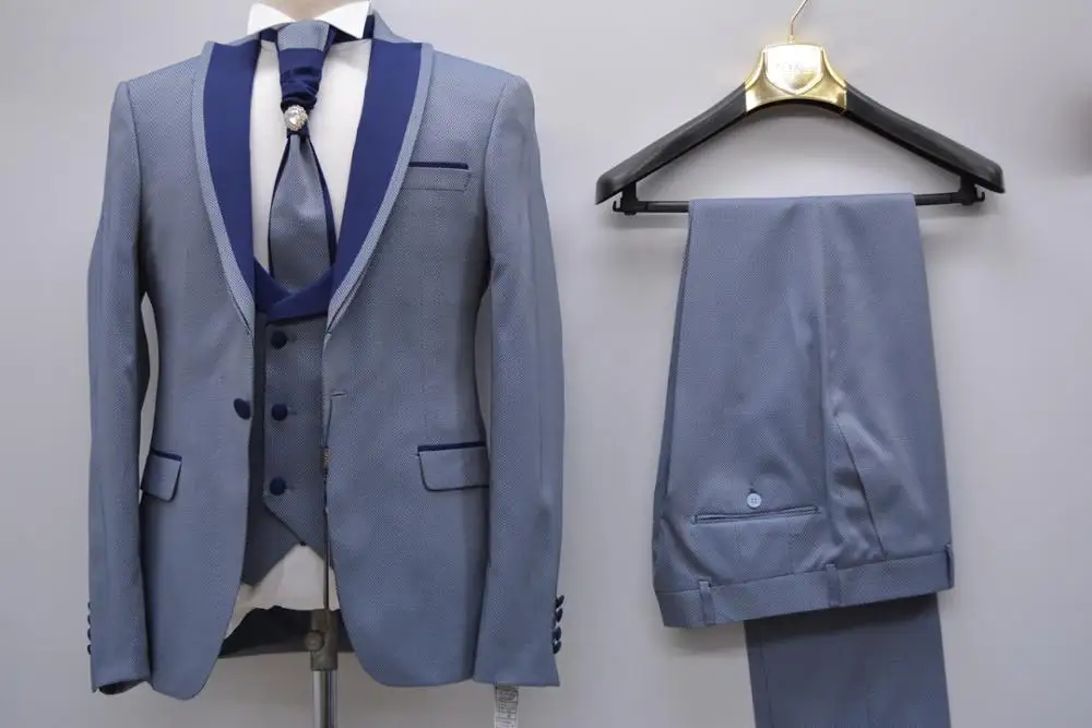 Мужской костюм смокинг для жениха облегающий деловой повседневный костюм синий комплект из 3 предметов