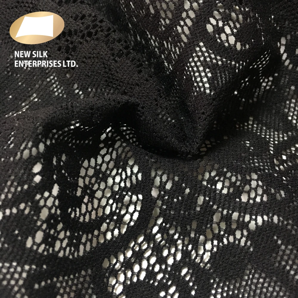 Black nylon jacquard mesh floral lace jersey knit fabric for dress