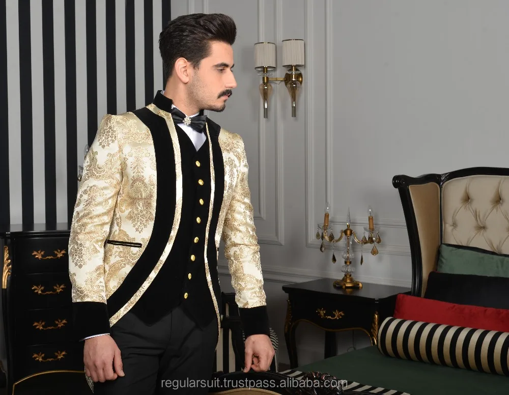 New High Quality Black Gold 3 Piece Men Suit