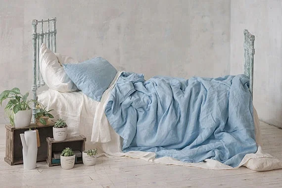 Sky Blue Queen King Twin Double SEAMLESS Stonewashed Linen Quilt Cover Pure linen bedding
