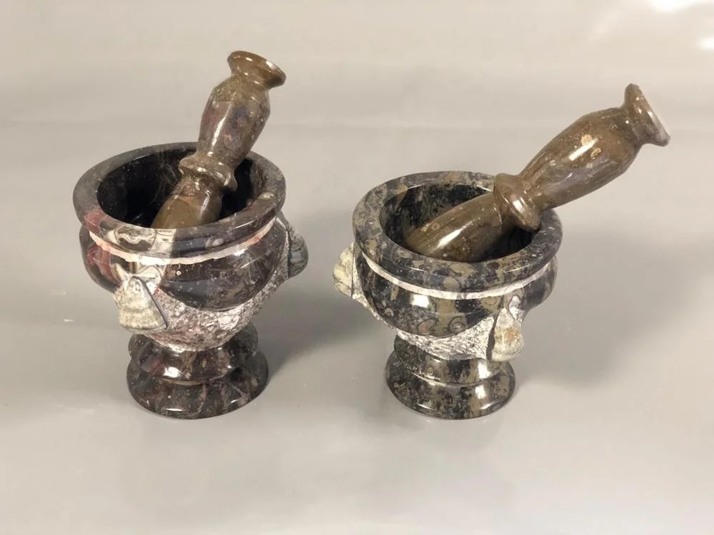 
High Quality Natural Fossils handmade engraved Mortar pestle 