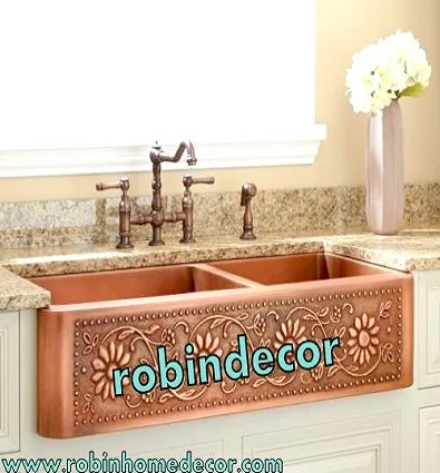 LUXURY HANDICRAFT 16 GAUGE DOUBLE BOWL COPPER KITCHEN SINK FRONT EMBOSS DESIGN