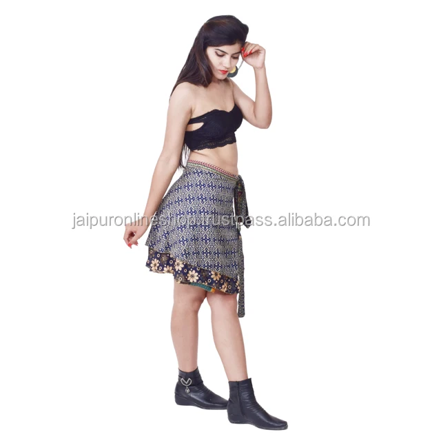 New Fashion Ladies Indian Art Silk Sari Fabric Short Wrap Skirt Floral Pattern Plus Size Casual Mini Length for Summer Adults