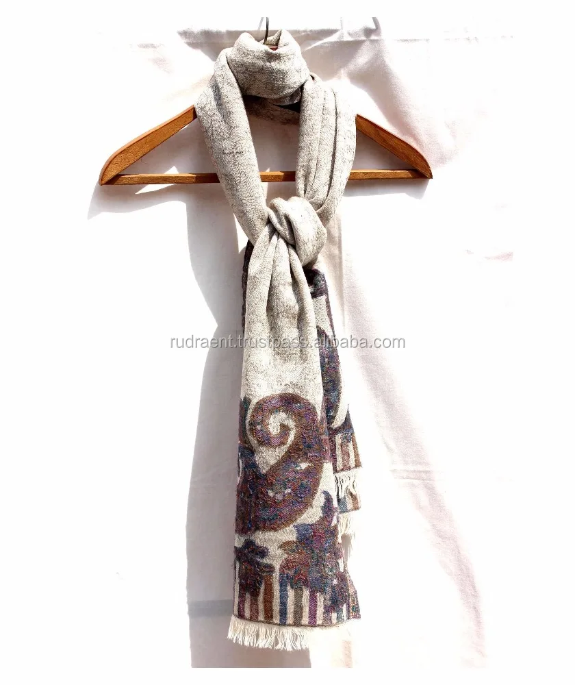 Handicraft Soft Lambswool Beige Shawl Stole Scarf for Her Exquisite Handwoven Indian Hand Embroidered Outdoor, Party 26'X 80'