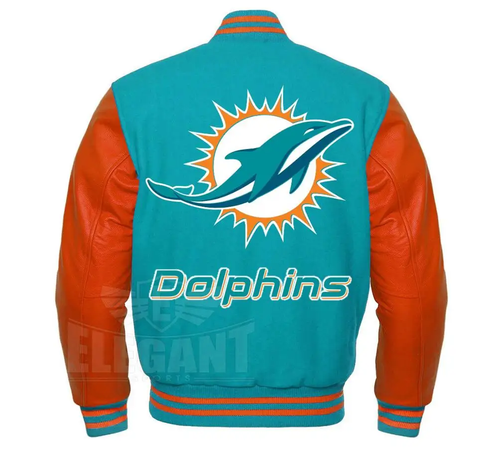 OEM Custom Printed DOLPHINS  front Varsity Jackets with striped knit cuffs Wholesale price for team sports clubs