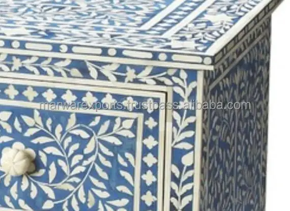 Handmade Two-Drawer Chest of Drawers Mango Wood Living Room Furniture with Elegant Floral Pattern