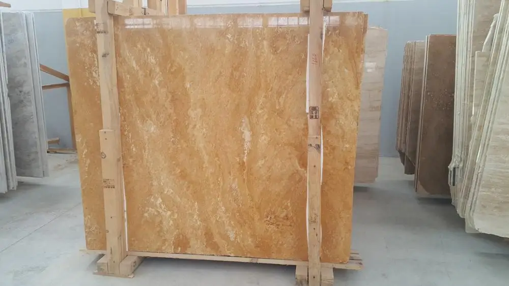 2023 Yellow Gold Travertine Filled & Honed Cross Cut Slab CEM-SLB-05-02 Natural Stone %100 Tiles Made in Turkey