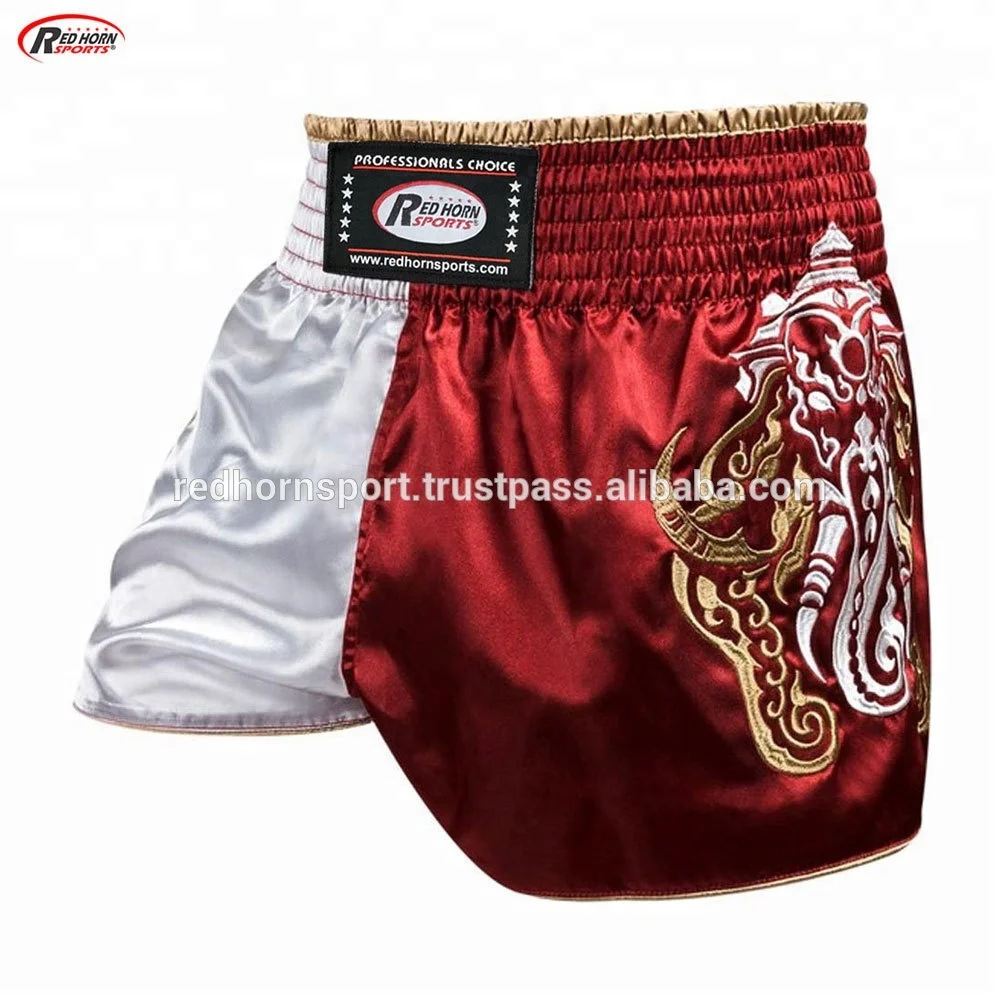 OEM Muay Thai boxing shorts, pants with splendid printing & embroidery, muay thai shorts custom