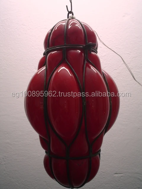 B58 Egyptian Hand Blown Orange Glass Wrought Iron Hanging Lamp