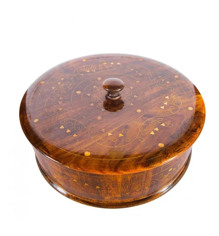 Wooden Round Shape Storage Box, Handmade Wooden Basket, Wood Bucket Carved Wooden Hotpot polish inlaid work Box