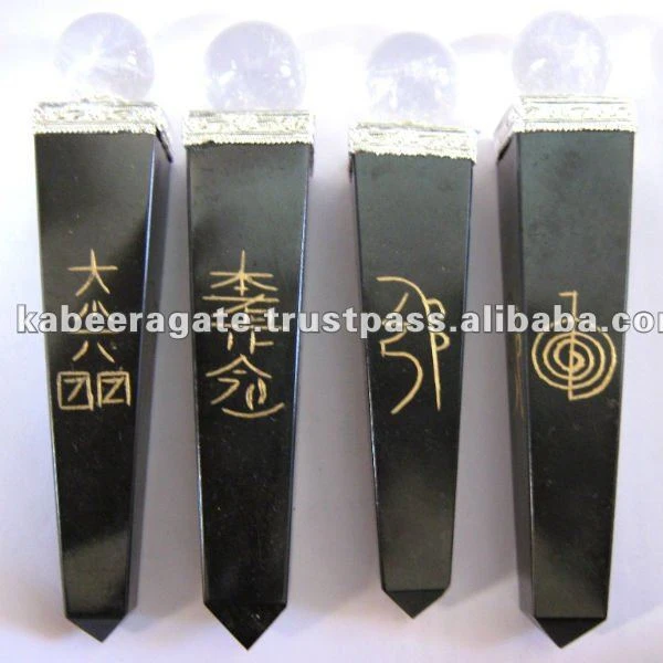 Wholesale Black Agate Engraved Reiki Healing Wands with Crystal Quartz Ball orgone