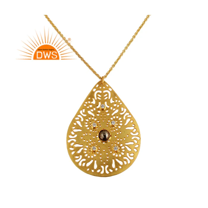 Cz and Pyrite Gemstone Pendant Chain Pendant Necklace Link Chain Gold Plated Brass 18K Orthodox Alloy Hiphop