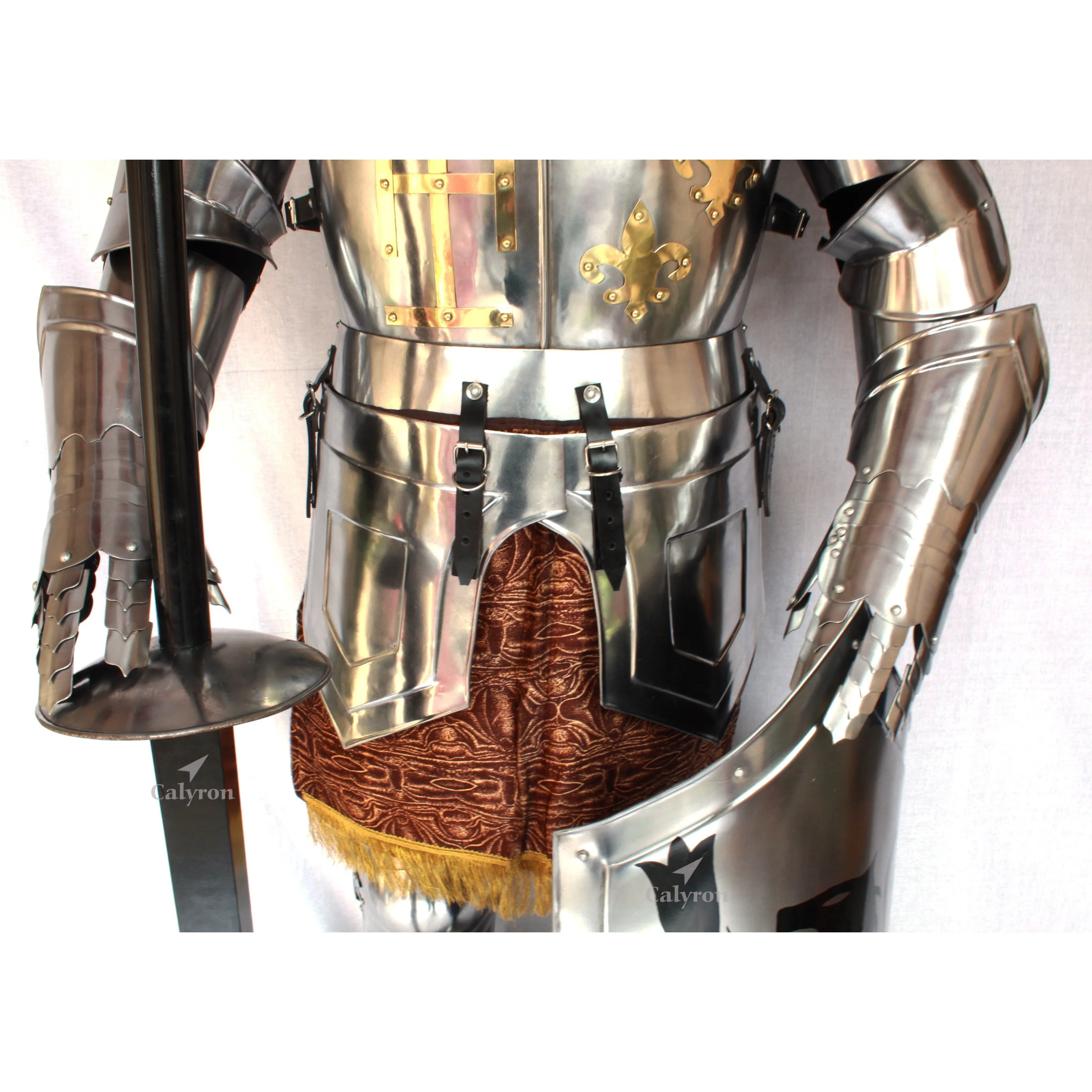 Metal Medieval Steel Armour Suit Sword Shield with Wooden Base Steel Frame