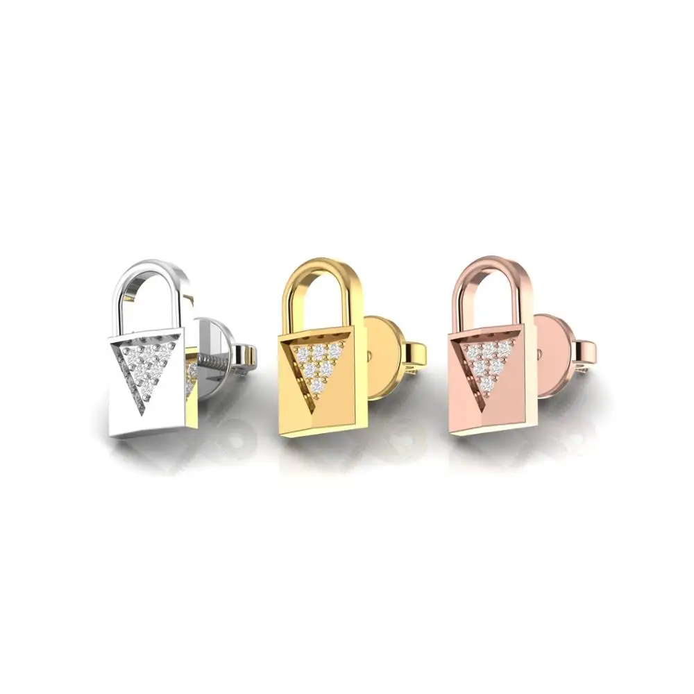 Natural Round Diamond Lock Style Stud Earrings Trendy Fine Jewelry In 18kt Solid Yellow Gold For Women Gift