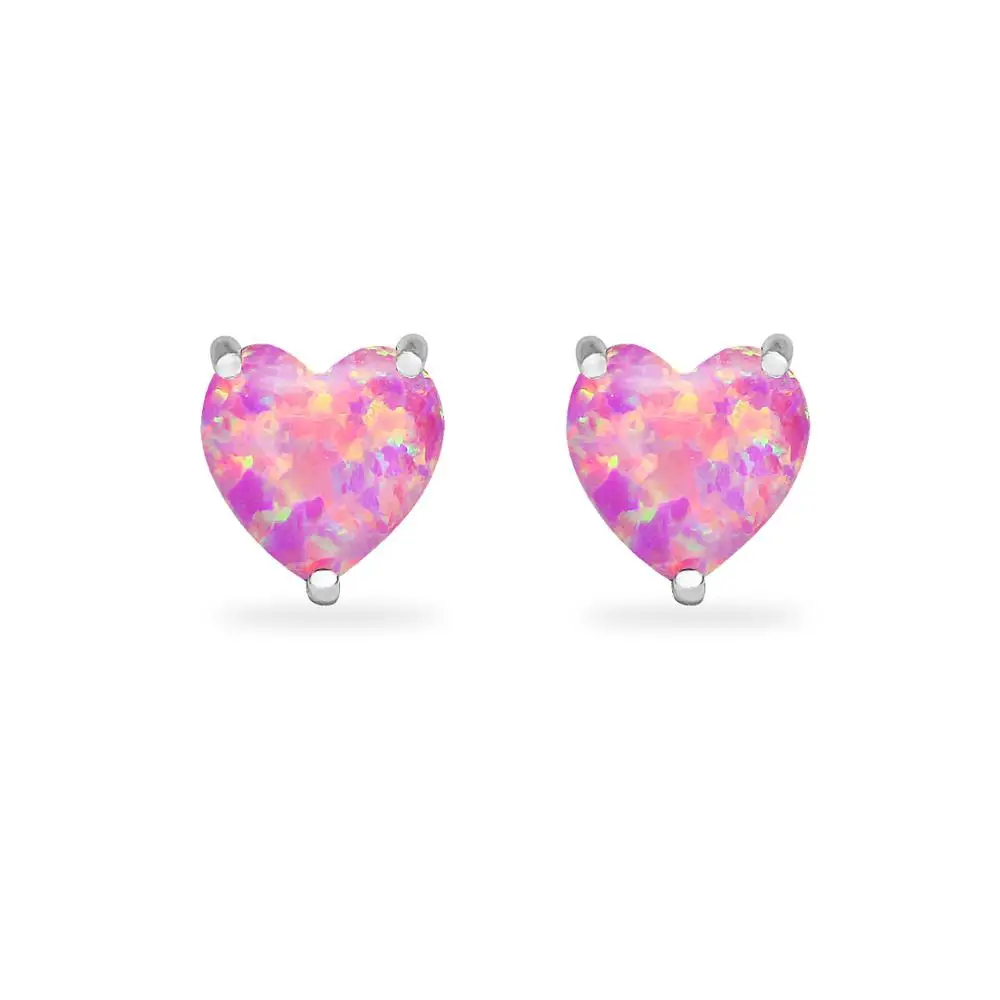 
925 Sterling Silver Synthetic Pink Opal 7mm Heart Shape Stud Earrings 