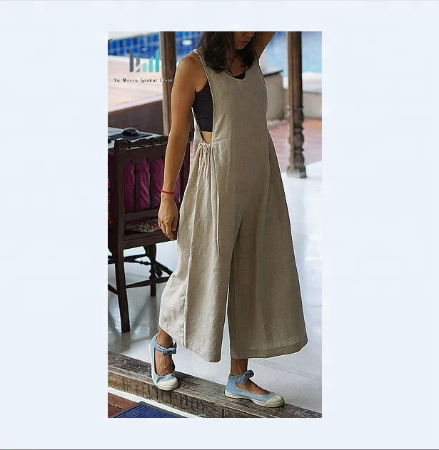 Flax Linen jumpsuit maxi dress, women long linen clothes, bohemian oversized jumpsuit