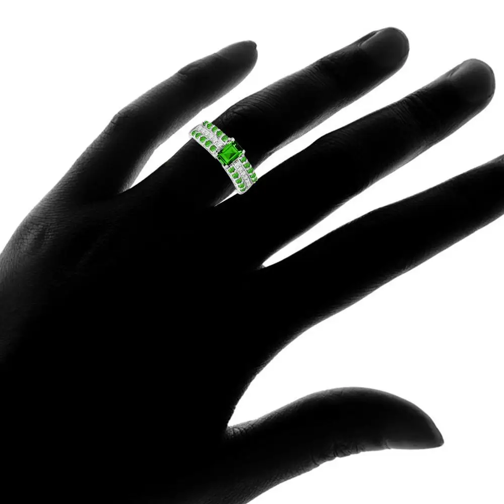 
925 Sterling Silver Platinum Plated Octagon Chrome Diopside White Topaz Ring 