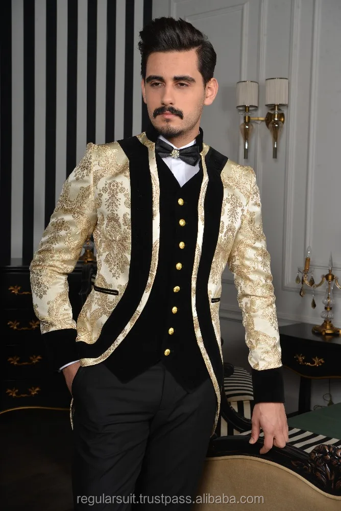 New High Quality Black Gold 3 Piece Men Suit