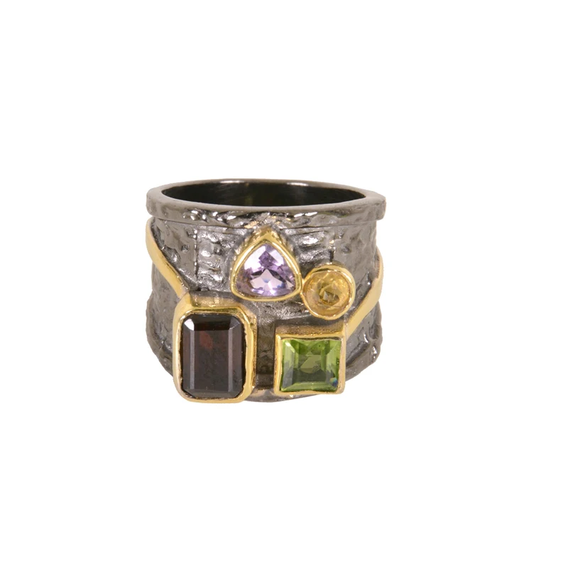 Multi Stone Ring 925 Sterling Silver Amethyst Garnet Citrine Peridot Gemstone Black Rhodium Jewelry