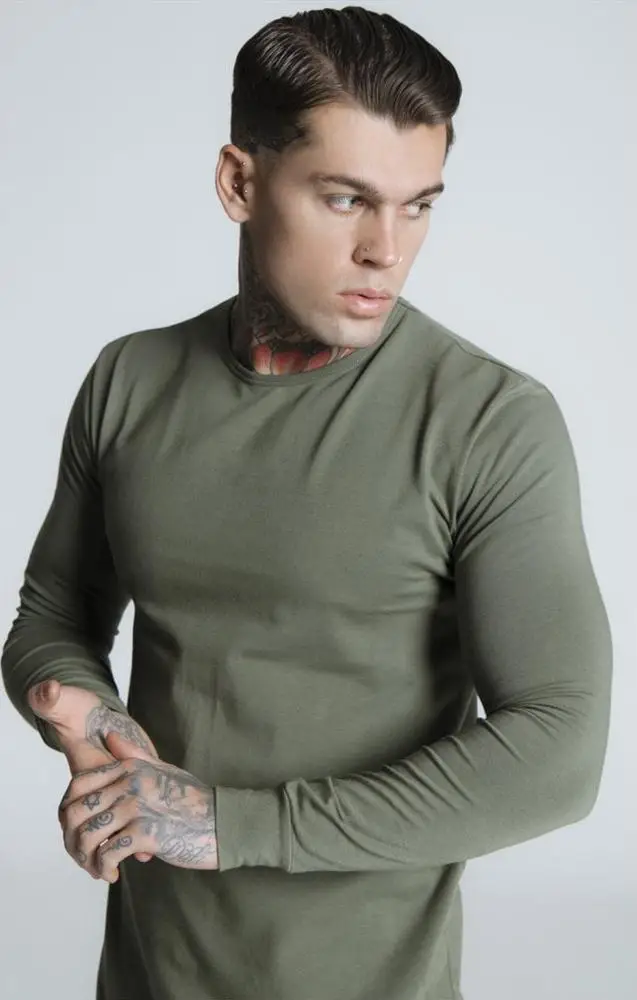 Long line curved hem T shirt in olive color ,95% cotton 5% elastin full sleeve with long length with curved bottom