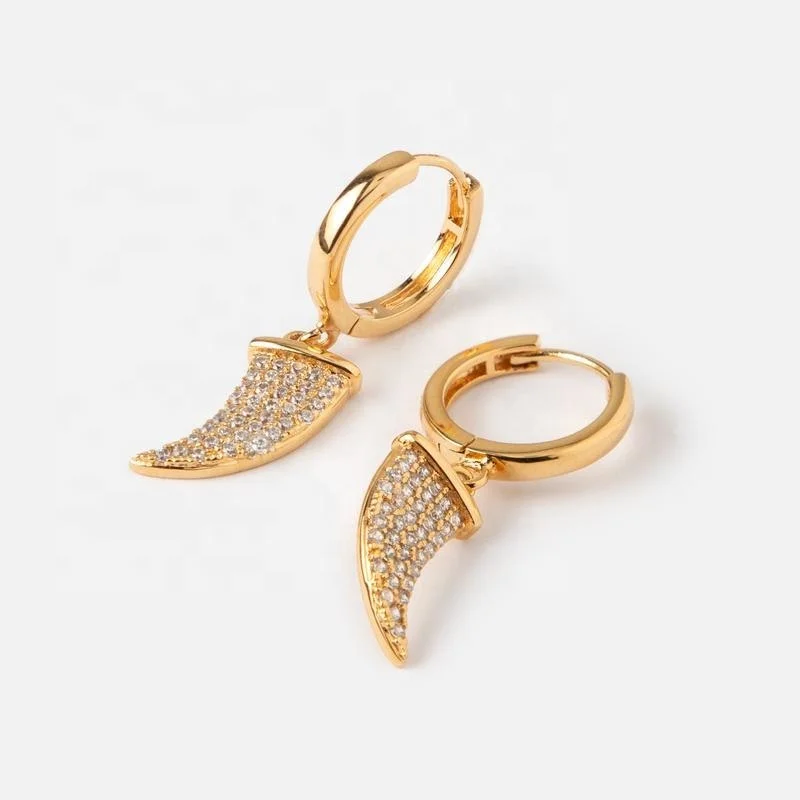 925 Sterling Silver Findings Statement Crystal CZ Horn Tusk Dangling Gold Earring