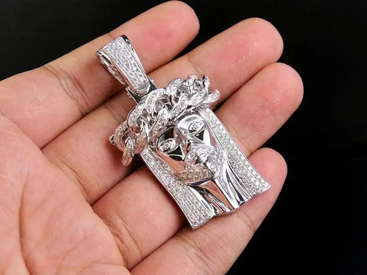 3.25 Carats 100% Natural Diamonds Cuban Link Crown Jesus Pendant 14k White Gold , hip hop jesus pendants