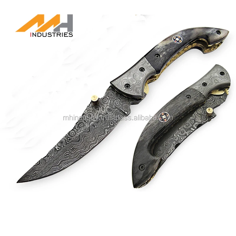 Складной нож из дамасской стали, карманный «EASY LOCK» с ручкой из Верблюжьей Кости