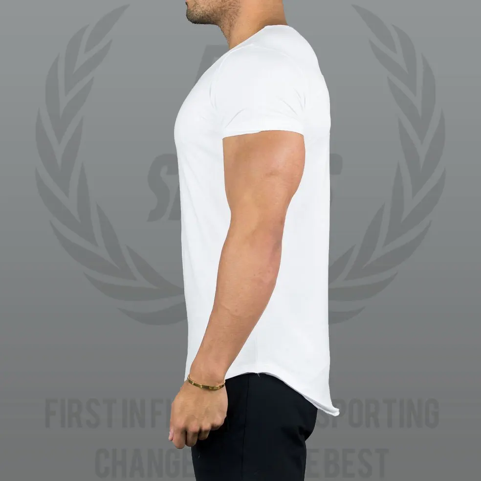 Streetwear men Slim Fit Short Sleeve T Shirt Top OEM Longline Curved Hem Light weight 93% Cotton 7% Elastane Gym T Shirt