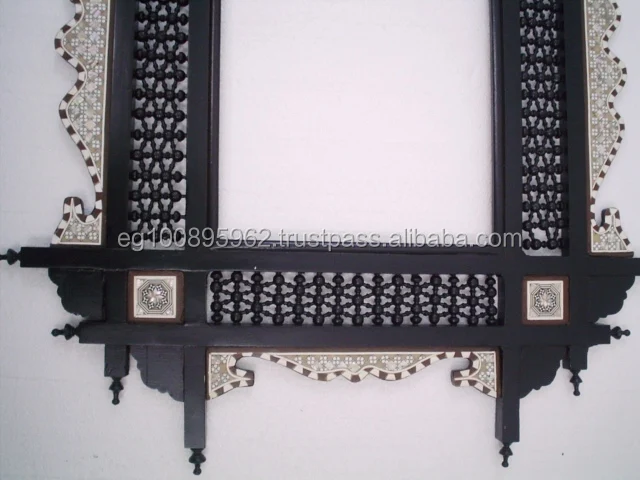 W96 Antique Style Arabesque MOP Inlaid Wood Mirror Frame