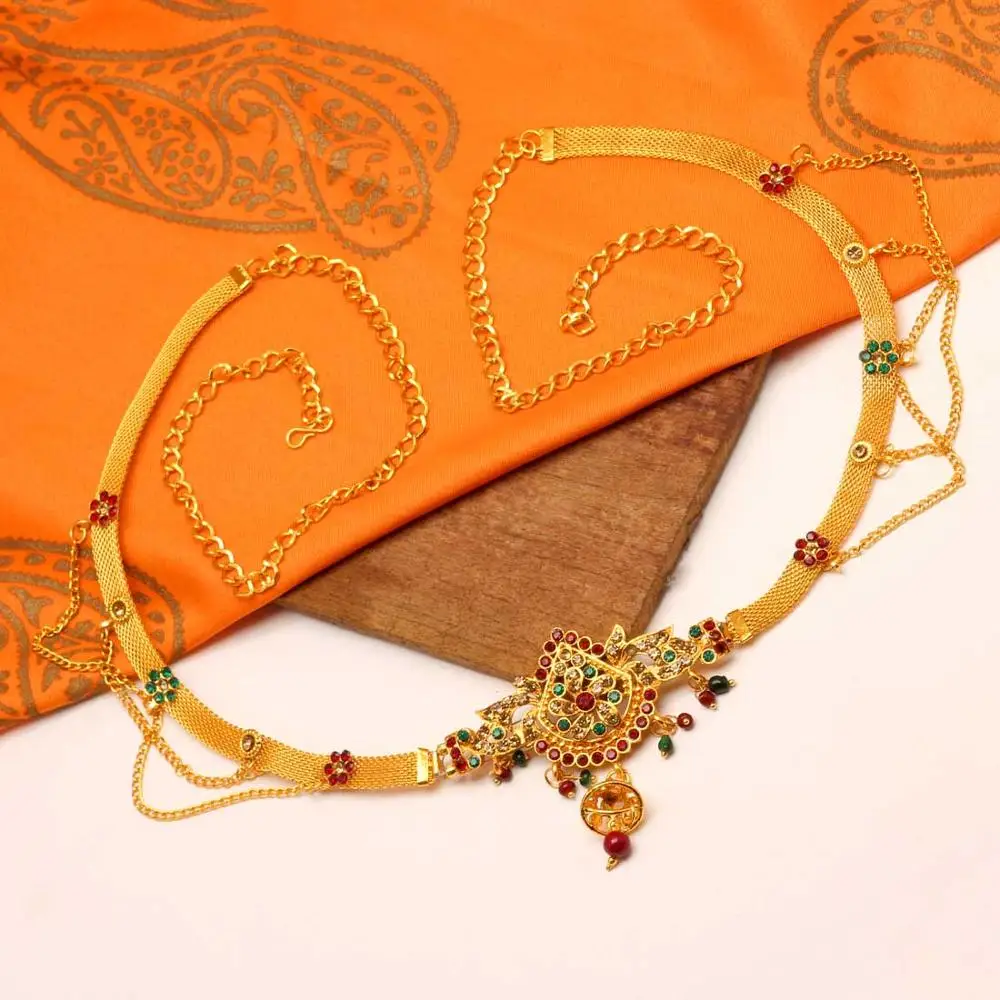 Glamorous Indian Jewellery Maroon & Green Color Glass Stone Kamarband Waist Chain