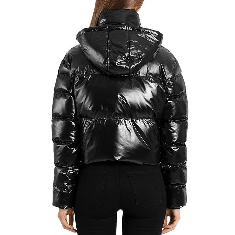 Black Casual Women Winter Long Puff Sleeve Shinny Coats Cropped Hooded Puffer Jacket