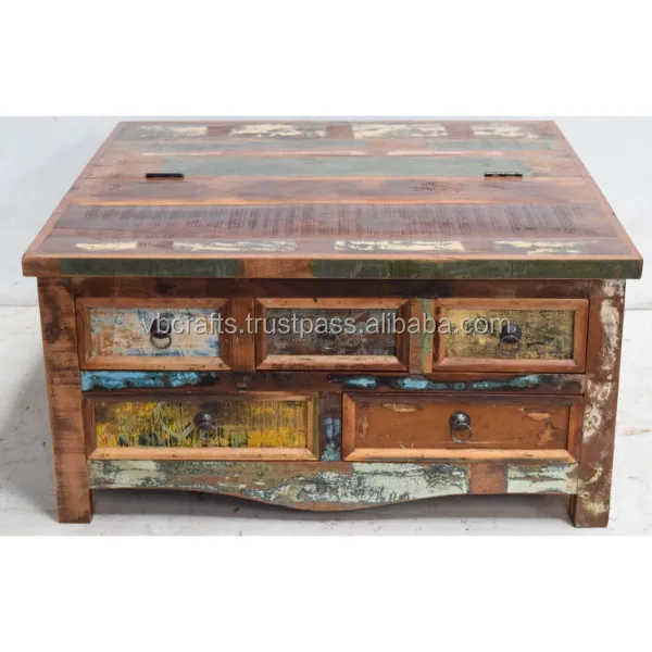 Indian Antique Old Reclaimed Wood Color Patina Multi Function Storage Drawers Living Room Office Apartment Villa Coffee Table
