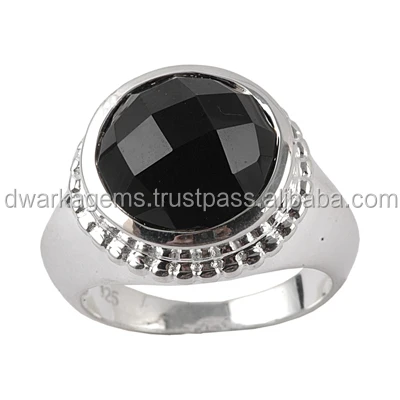 Simple Gemstone Black Onyx Ring Classic 925 Sterling Silver Jewelry for Men and Women with Bezel Setting