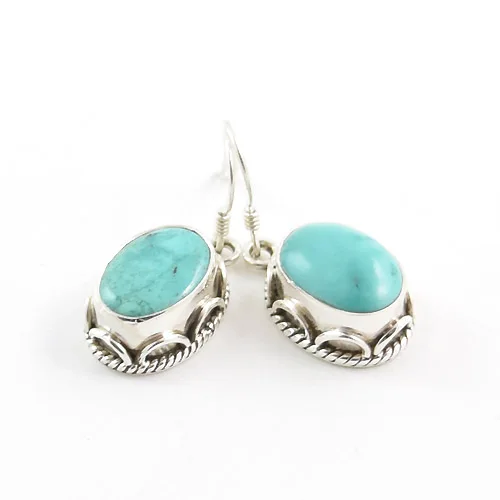 tibetan turquoise 925 sterling silver earrings tribal ethnic vintage antique oxidized finish drop dangle hoop bali ear-studs