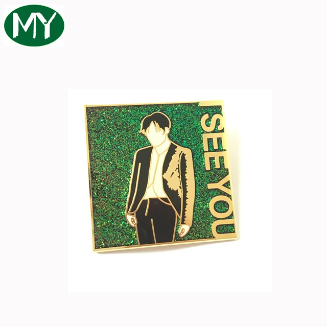 Custom made glitter badge gold hard enamel pins with chain
