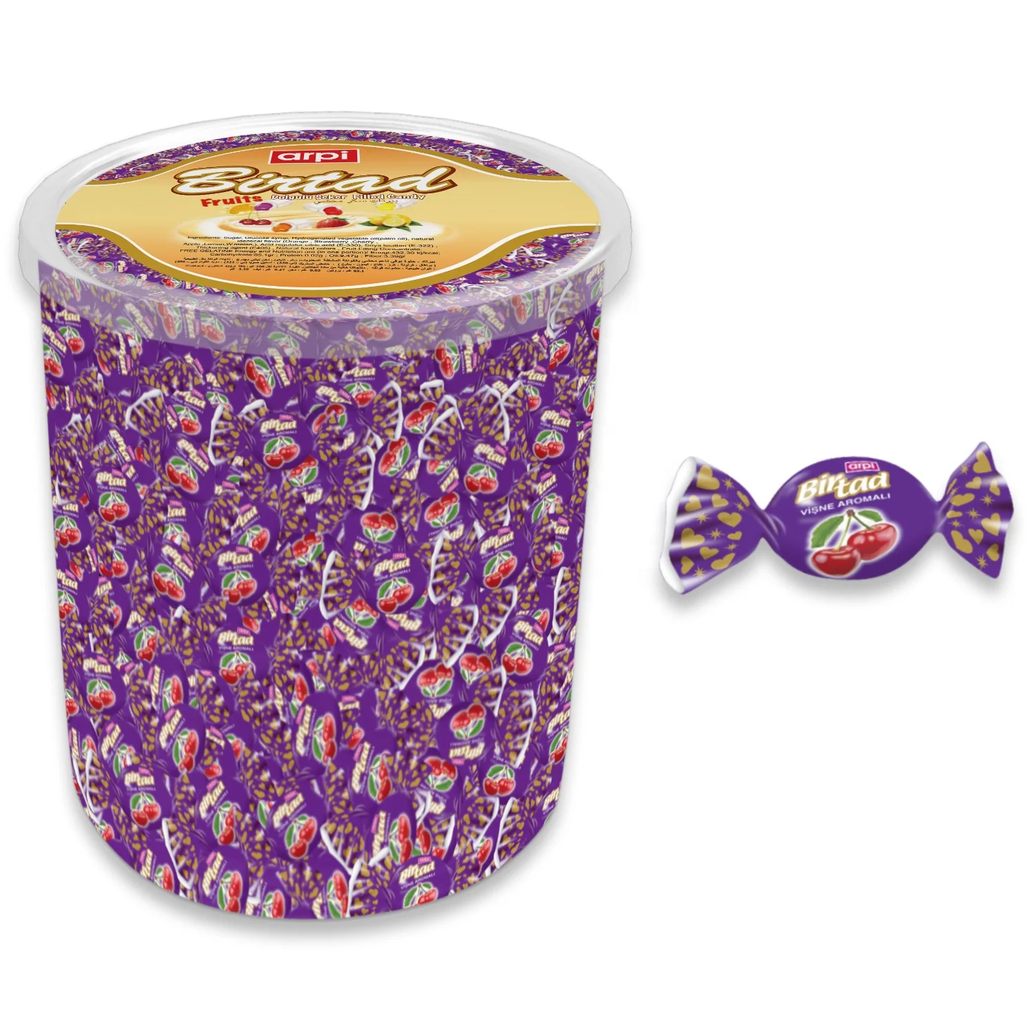 
Birtad Soft (Chew) Candy Filled with Fruit Flavor Syrup 1 KG Transparent Plastic PVC Jar 