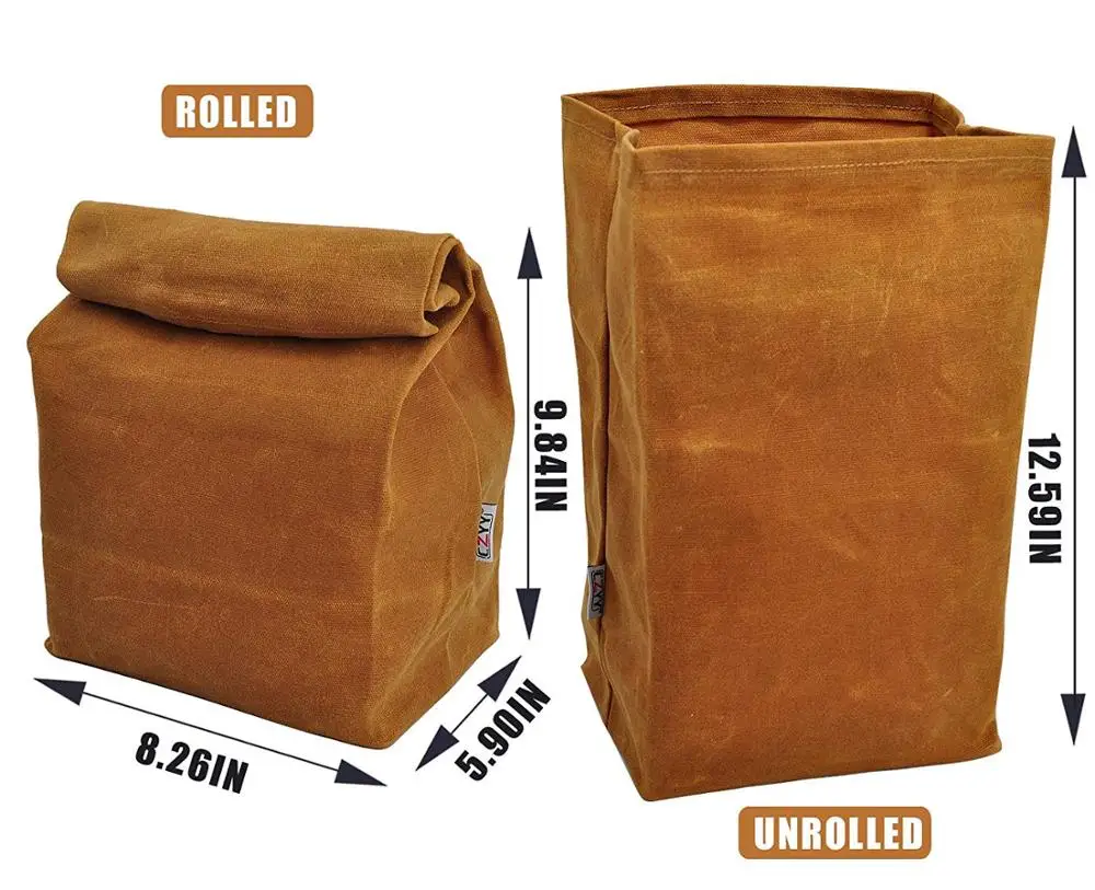 Waxed Canvas Lunch Bags Brown Paper Bag Styled - Classic Updated - Reusable and Washable, Worthbuy Lunch Box for Men & Women