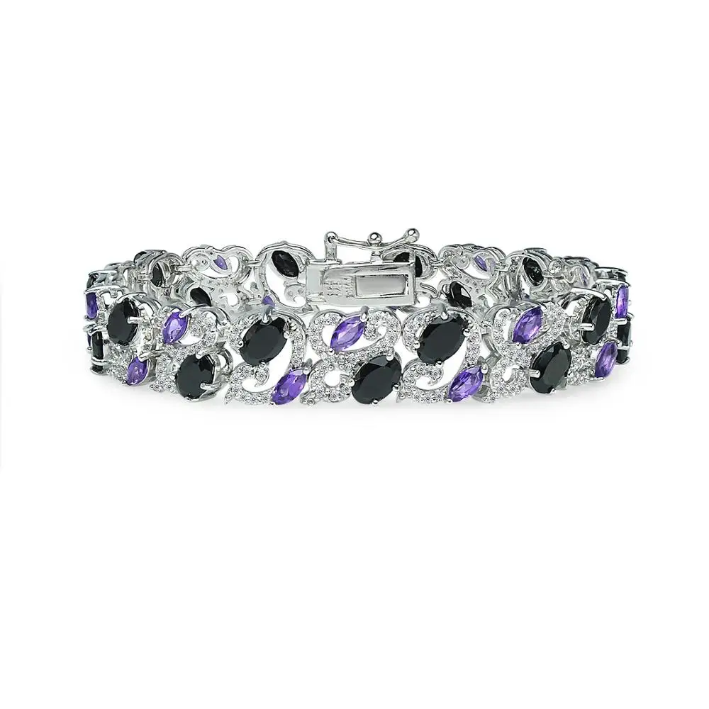 
925 Sterling Silver Black Spinel and Amethyst Tennis Bracelet 