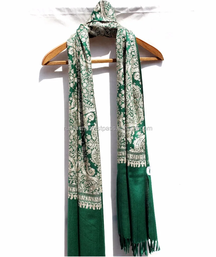 Kashmir Soft Lambswool Shawl Stole Scarf Indian Beautiful Handwoven Hand Embroidered Outdoor, Party 28'X 82' IN;15393 Green