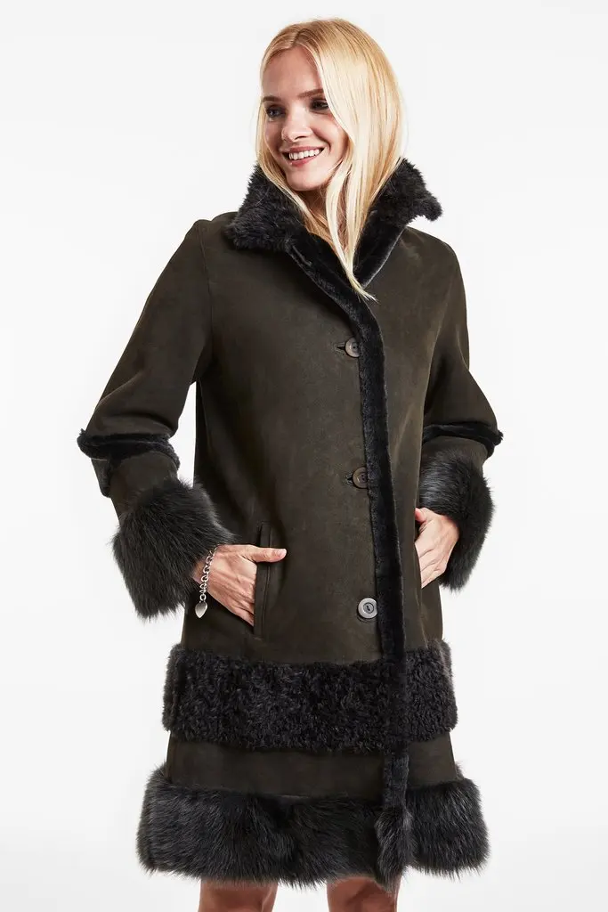 New Brand Fashionable sheep fur lined long sheepskin coat for women