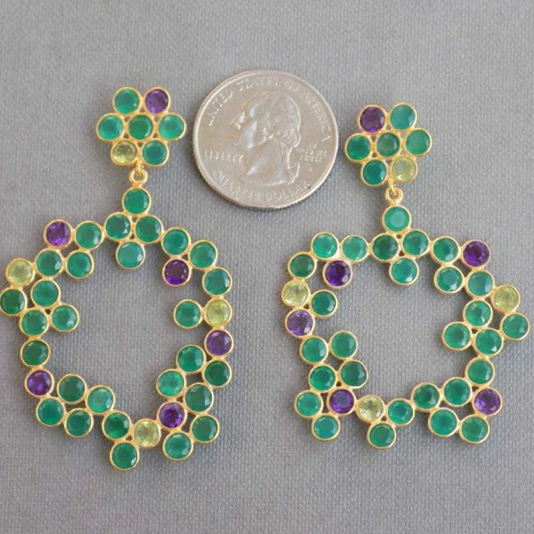 Handmade Natural Onyx Gemstones Earrings Women 925 Sterling Silver Gold Plating Multi-Stone Honeycomb Design Diamond Pearl