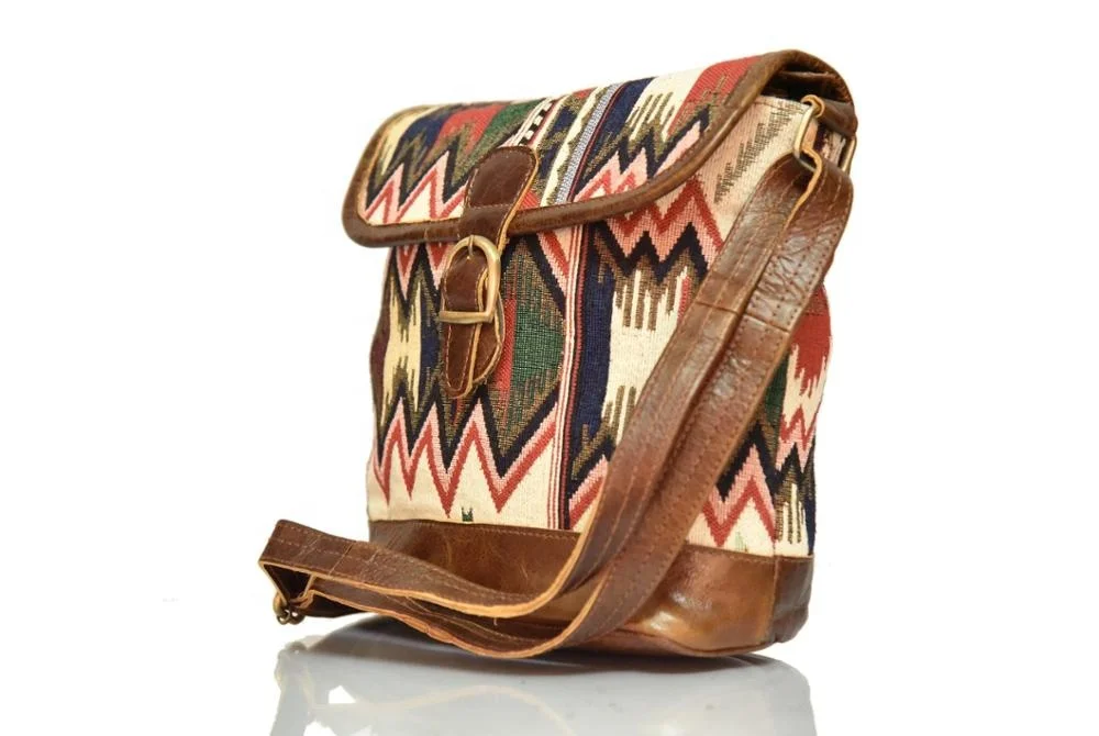 Vintage Leather Shopper Bags For Girls Real Goat Leather Turkish Kilim Bag