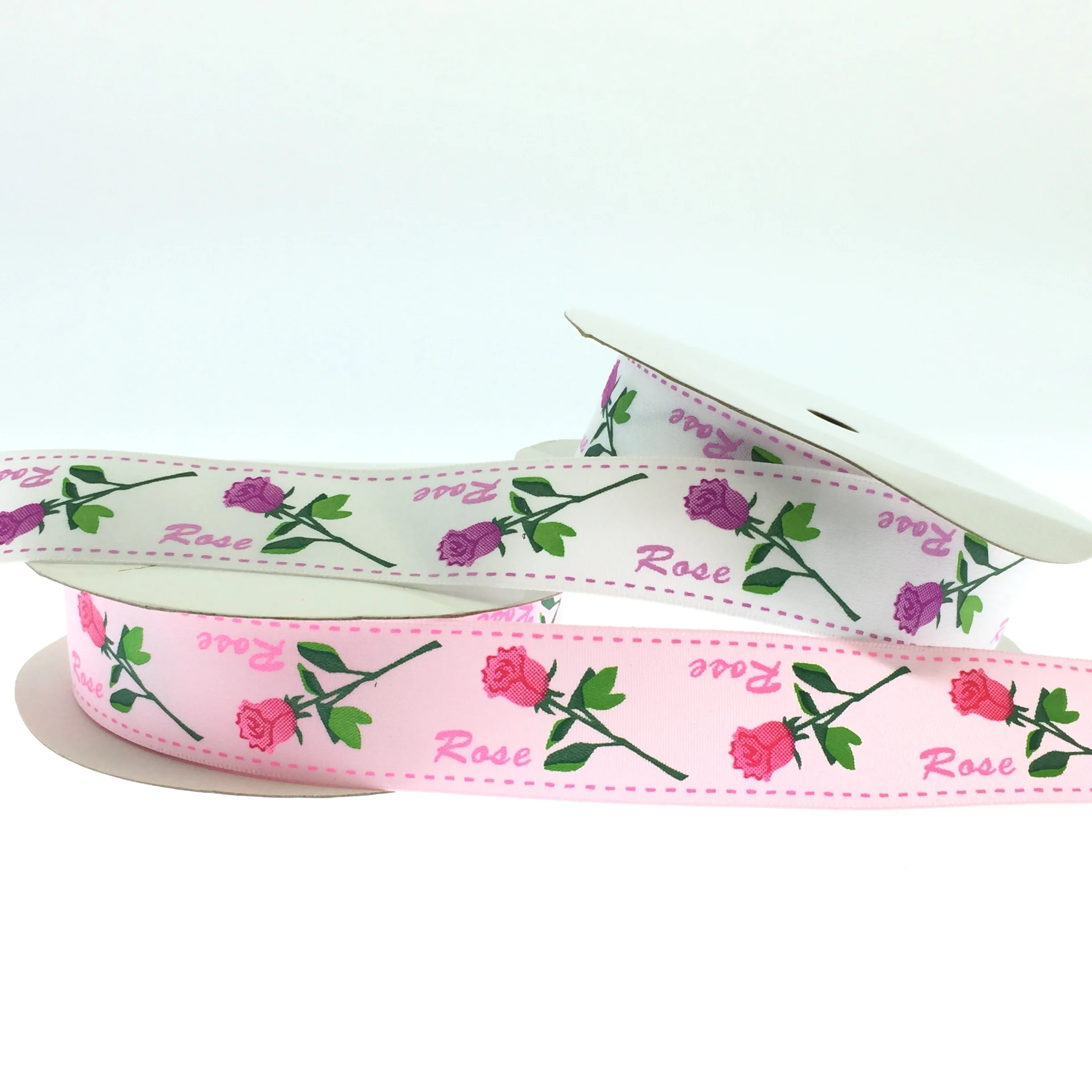 Fancy silk screen rose printing satin woven ribbons